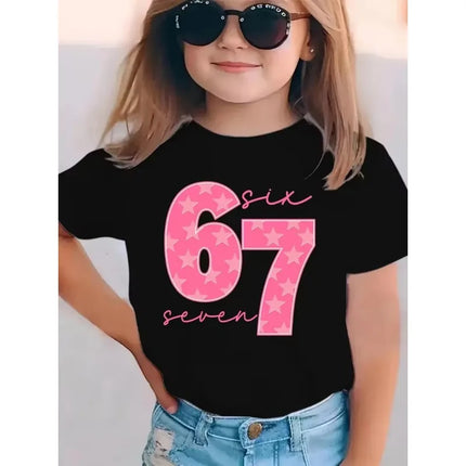 Pure Cotton Children's T-shirt 2026 Summer Number 67 Cartoon Print for Boys and Girls Casual Parent-child Wear Short Sleeved