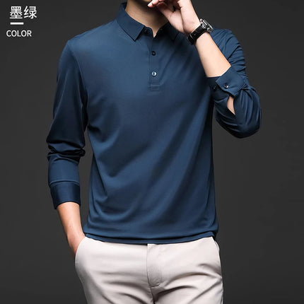 Minglu Mulberry Silk Men's Polo Shirts Luxury Long Sleeve Solid Color Golf Male T-shirts Spring Autumn Business Casual Man Tees