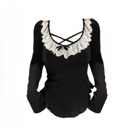 Korean Fashion Elegant Patchwork Lace Tops Slim Casual Long Sleeve Blouse 2000s American Vintage Sweet Pullover Chic