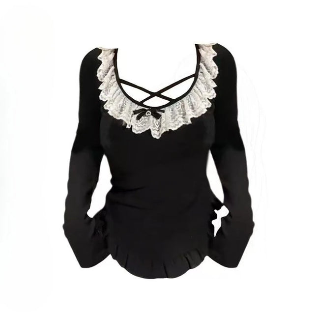 Korean Fashion Elegant Patchwork Lace Tops Slim Casual Long Sleeve Blouse 2000s American Vintage Sweet Pullover Chic