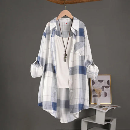 Plaid shirt midlength large size loose hip-covering sun shirt casual top long-sleeved shirt thin jacket plus size woman clothing