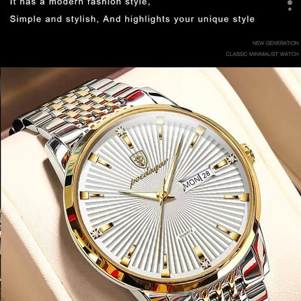 POEDAGAR Fashion Business Men's Watches Waterproof Luminous Date&Week Stainless Steel Men Watch Quartz Exquisite Male Wristwatch