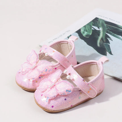 Shiny 3D Butterfly Princess Dress Shoes for Baby Girl Glitters Flats Non-Slip Crib Shoes Walking Shoes for Toddlers Infants