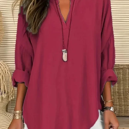 Plus Size 1XL-5XL Women Casual Solid Color Blouse Ladies Fashion Loose Tops V-neck Blouse Long Sleeve Shirt