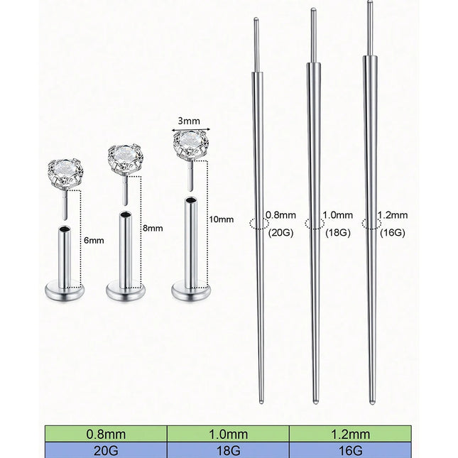 3PCS Threadless Push In Nose Studs Stainless Steel Labret Piercing Jewelry For Tragus Monroe Lip Helix Cartilage Earrings Studs