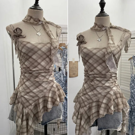 Women's Vintage Tie-dye Printed Mesh Spaghetti Strap Camisole Hot Girl Irregular Ruffled Ribbon Sleeveless Top Partyclub 1185