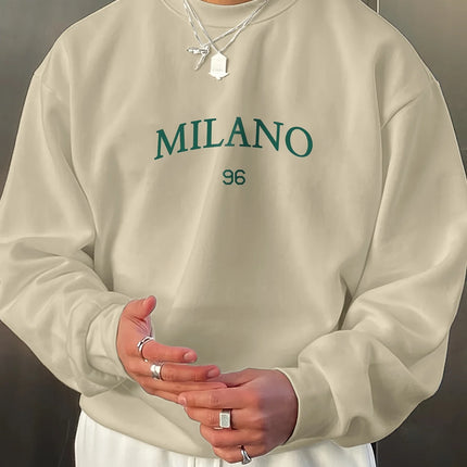 Men's autumn and winter fashionable casual loose MILANO 96 print fleece pullover long sleeved round neck sweatshirt