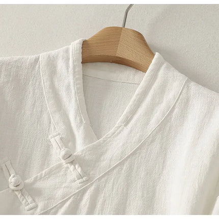 Loose Fit Long Sleeve Shirt New Autumn 2025 Chinese Style Button Zen Study Robe Tea Ceremony Side Buttoned Cotton Linen Shirt