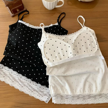 Sweet Sle Lace Polka Dot Svel Tank Top Padded Inner Wear Outerwear for Spring Summer Travel Outfit Casual Women's Vest