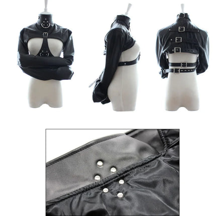 PU Leather Open Breast Straitjacket Padded Boxing Gloves Armbinder BDSM Restraint Legs Harness Bag Head Hood Dildo Gag Roleplay