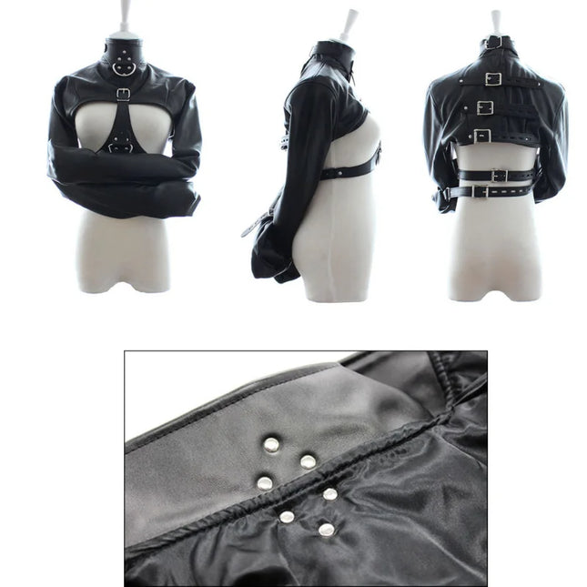 PU Leather Open Breast Straitjacket Padded Boxing Gloves Armbinder BDSM Restraint Leg Harness Bag Head Hood Dildo Gag Roleplay