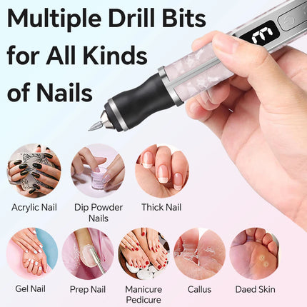 Wireless Electric Nail Grinder Nail Polishing Machine - 3 Modes, LED Display and 12 Drill Bits, Nail Polisher for Home Salon Use