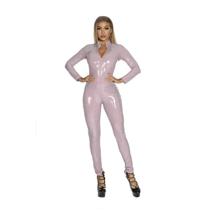 Pluse Size Women Shiny Leather Jumpsuits Long Sleeve Zipper Open Crotch Latex Bodysuit Hot Porn Breast Exposing Sexi