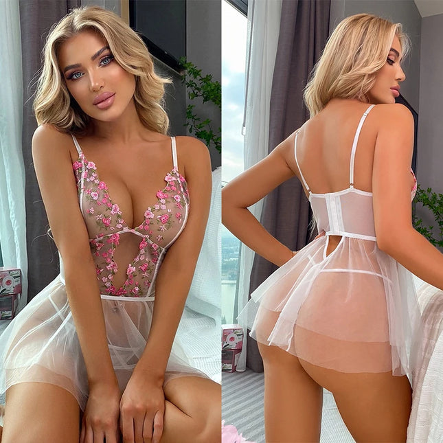 Temptation Lingerie, Floral Embroidered Evening Gown, Sexy Pajamas, Underwear, Women's Transparent Pajamas, Babydoll Lace Lingerie