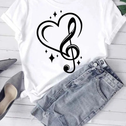 Fashion Women T Shirt Musical Note Printed T Shirt Casual Black Tops 90s Ladies Girls Tee Shirt Female Harajuku Graphic T-shirt
