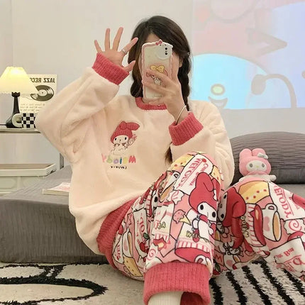 Hello Kitty cartoon anime character Snoopy pajamas flannel kawaii Kuromi plus velvet thickened cute home clothes set wholesale