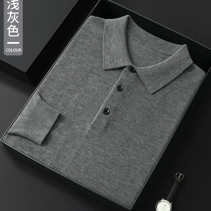High quality worsted  spun collar wool sweater men's spring and autumn business polo sweater thin long sleeved knitted T-shirt