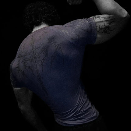 GYM T-shirt Men's Dark Gothic Print Muscle Tee  High Elasticity And Quick Drying Exercise For Bodybuilding Training 2025 Summer