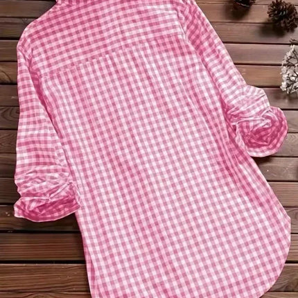 Plus Size Plaid Women's Cotton Linen Long Sleeves Roll Up Striped Casual V Neck Button Down Shirts Blouses Collar Tunic Tops