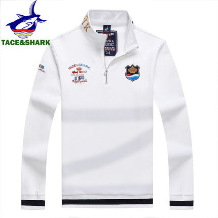 TACE&SHARK Fashion Men's Shark Embroidery Long Sleeve Polo Shirt Cotton Casual Wear Business Solid Color Tops