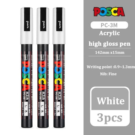 3pc UNI POSCA Marker Pen,White rotulador permanente Black Acrylic Graffiti PC 1M 3M 5M POP Pen For Glass Ceramic Leather Fabric