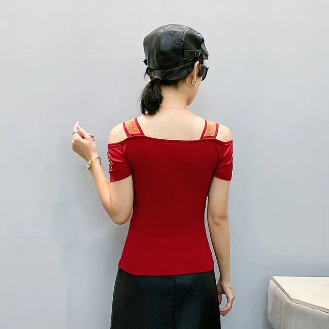 New Summer European Clothes Women's T-Shirts Luxury Butterfly Hot Diamonds Tees Sexy Streetwear Off-Shoulder Tops Shirt