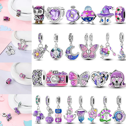 925 Sterling Silver Purple Series Butterfly Aries Gemini Safety Chains Fit Original Bracelet DIY Jewelry Making Gift For Women