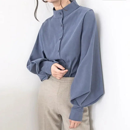 Spring Fashion Women Solid Stand Collar Casual Elegant Fashion Women's Top Clothing Blouse Shirt Lantern Long Sleeve Women's Shirts