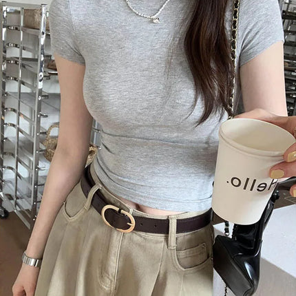 Basic Solid Crop Top Short Sleeve Crewneck Skinny T-shirt Summer Casual Tee for Women y2k Vintage Top Harajuku Streetwear