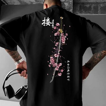Summer Men's Japanese Samurai Sword Cherry Blossom Print T-Shirt 100% Cotton Round Neck Short Sleeve Breathable Loose Casual