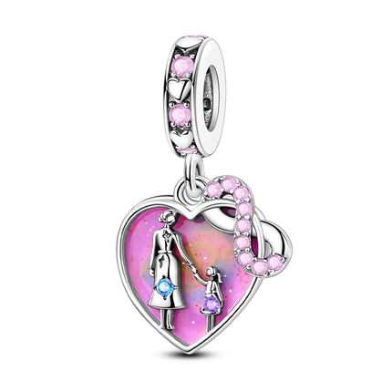 Charm Bead 925 Sterling Silver Heart Starry Sky Family Mother-Daughter-Sister Charm Fit Bracelets Pendant Women DIY Jewelry Gift