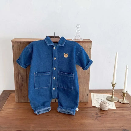 Korean Style Spring Autumn Baby Boy and Girl Romper Newborn Denim Open Button Single Breasted Lapel Casual Jumpsuit H90100