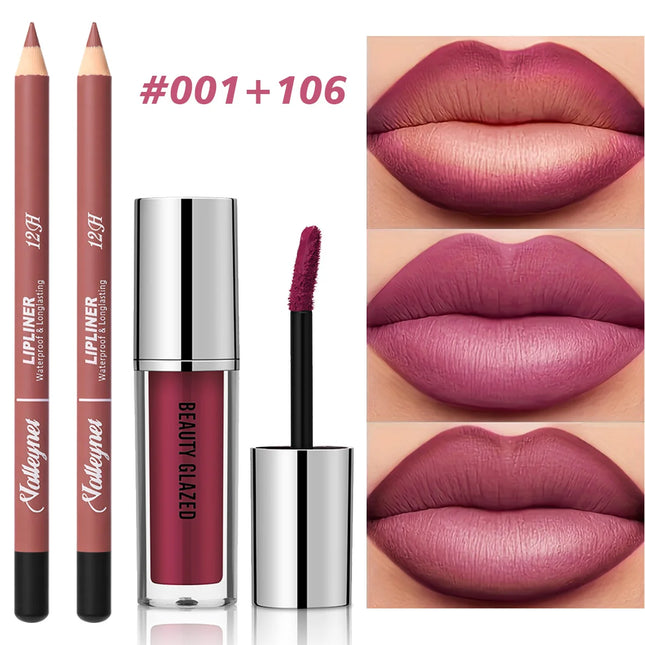 2Pcs/Set Lip Liner + Lipstick, Pink Brown and Purple, Long-lasting Matte, Waterproof and Easy to Apply, Create Daily Makeup