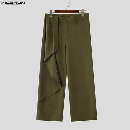 INCERUN Men Pants Solid Color Button Joggers Casual Ruffle Trousers For Man Streetwear Loose 2026 Stylish Long Pants Pantalones
