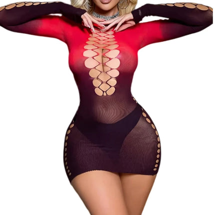 Gradient Red Sexy Women Lingerie  Fish Net Crotchless Jumpsuit Pajamas Long Sleeved Backless Erotic Underwear Costumes