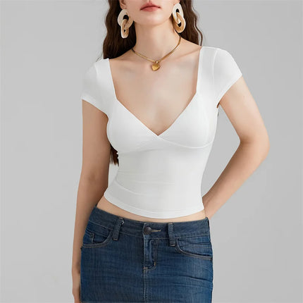 Lamuusaa y2k Tops Women Summer Clothes Sweet Solid Color V Neck Short Sleeve T Shirts Tanks 2000s Aesthetic Tees Streetwear