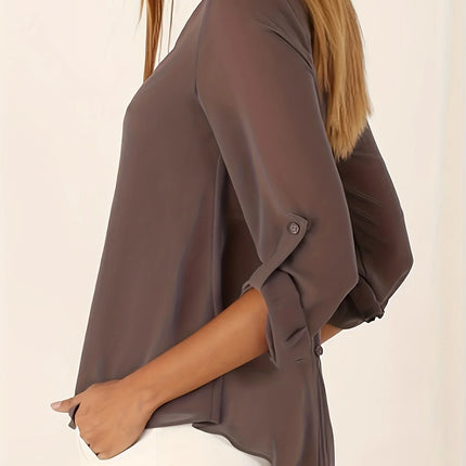 Plus Size Women’s Fashion Long Sleeved V-neck with Irregular Buttons on The Back Shirt  Women All Season Casual Shirt