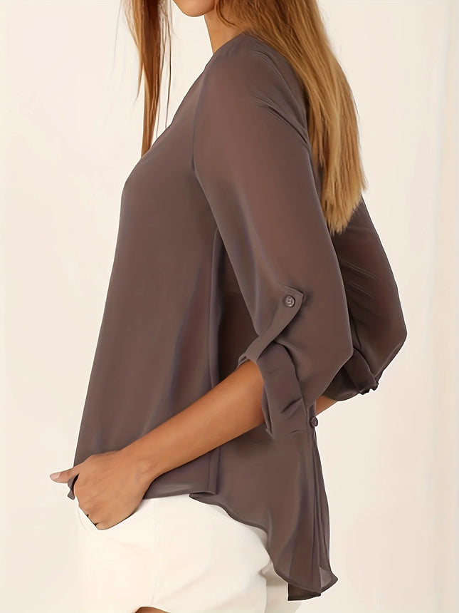 Plus Size Women’s Fashion Long Sleeved V-neck with Irregular Buttons on The Back Shirt  Women All Season Casual Shirt