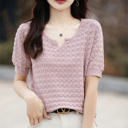 Women's T-shirt Summer New 100% Pure Cotton Tees Casual Solid Knitted Short sleeved V-neck Pullover Loose Tops Fashion Sweater