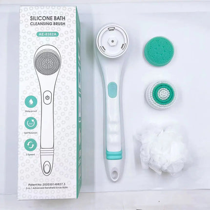 Electric Bath Brush Long Handle Body Scrubber Waterproof Shower Brush with Replaceable Heads for Back Feet Body Cleaning Massage