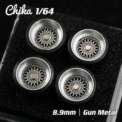 1/64 Chika  Wheels with Rubber Tires Model Car Modified Parts BBS RS  JDM VIP For Hotwheels Tomica MiniGT （Supplied with axle）
