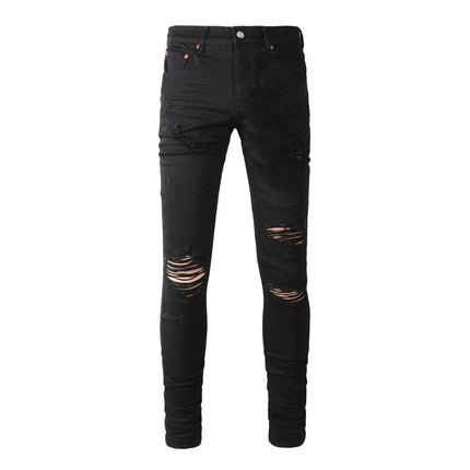 High Street Men's Jeans American Distressed Dark Black Coated Blank Stretch Skinny Button Fly Ripped Pants Trousers