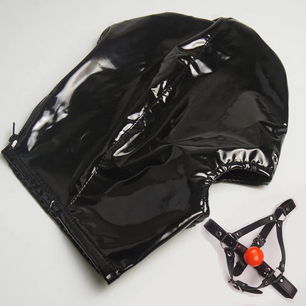 Leather Wetlook BDSM Mask Hood Gimp Open Mouth,Silicone Ball Gag,Bondage Gear Head Harness,Sex Toys For Couples