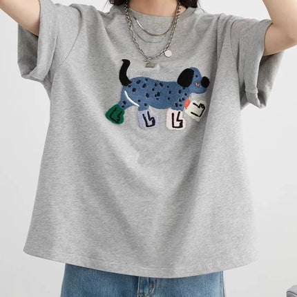 Women T-Shirts Loose Streetwear Unisex Fun Dog Embroidered Short Sleeve Cotton Girl Tees Female Top Summer 2026