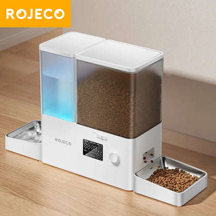 ROJECO 8.5L 2In1 Automatic Pet Feeder Gravity Water Fountain Button Version Auto 5L Cat Kibble Dispenser with 3.5L Water Refill