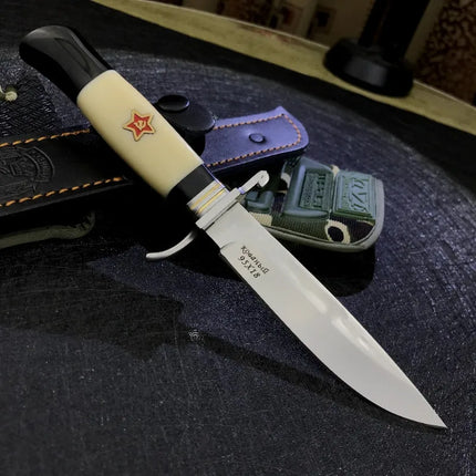 Russia Survival Fixed Blade Knife with Leather 440C Blade Resin Handle Survival Hunting Outdoor Knife Multi-Purpose Cutting Tool