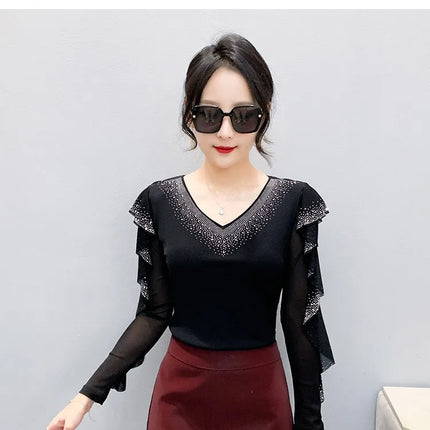 2025 Autumn New Style Mesh Tops Korean Fashion Round Neck Ruffles Shirt Lotus Leaf Edge Hot Diamond Long Sleeve Women T-Shirt