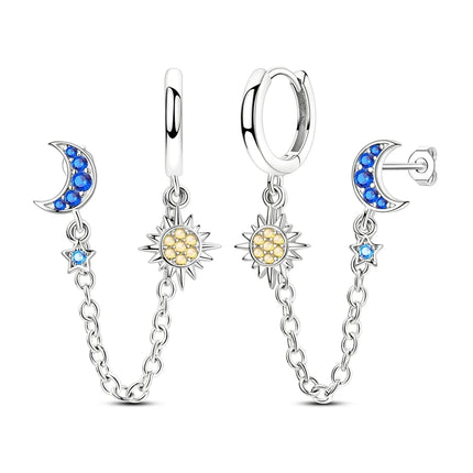 925 Sterling Silver Gold Color Star Moon Chain Stud Earrings for Women Girl Ear Studs Fine Jewelry Fashion Luxury Anniversary