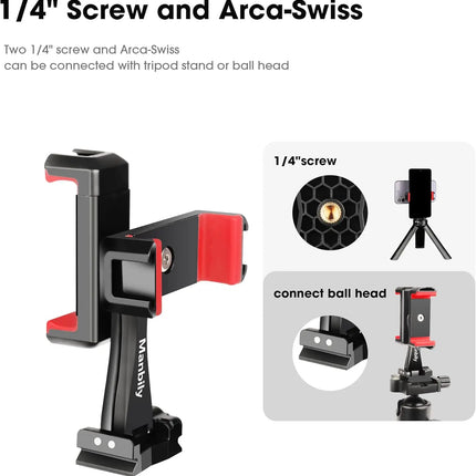 360° Rotatable Dual Cell Phone Holder Clip Clamp 4 Cold Shoe, 1/4'' Screw Tripod Monopod Selfie Stick Vlog Live Streaming Video