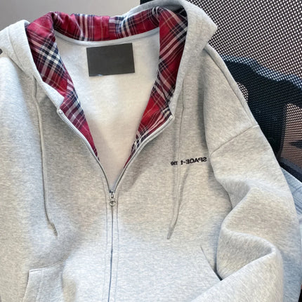 American Lazy Sle Retro Plaid Splicing Hoodie Cardigan Men's Unique Matchable Hooded Jaet Trendy Couple Outerwear